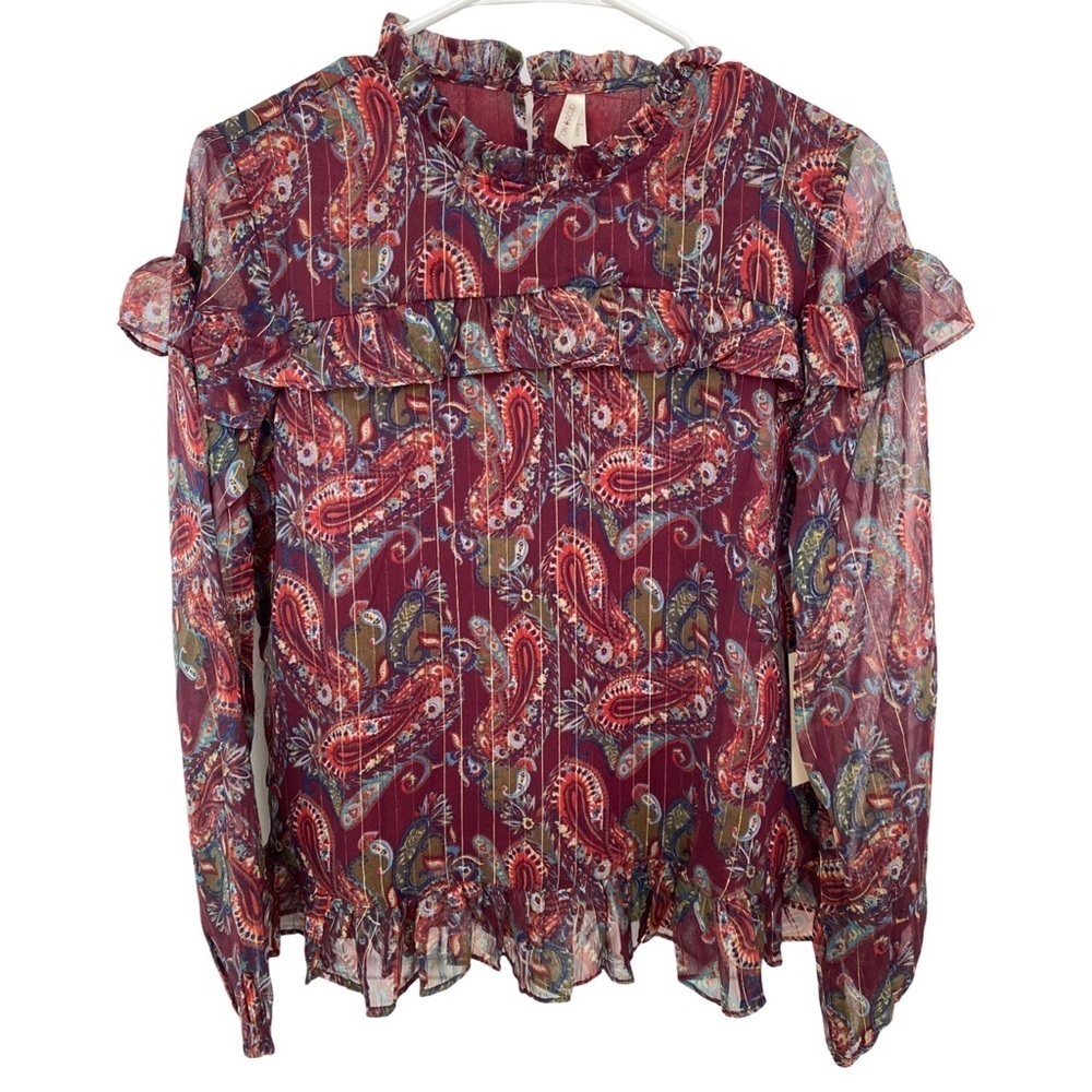 ModCloth Moon Orchid Merlot Paisley Ruffle Shoulder Top Size Small NWT